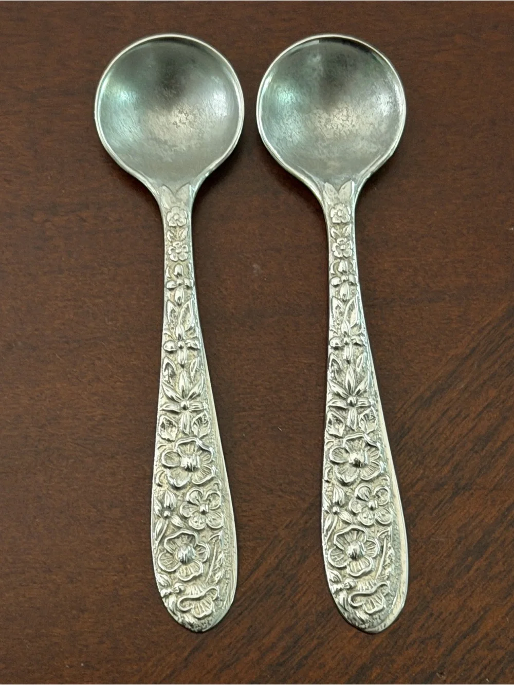 Pair of Repousse by Kirk Sterling Silver Miniature Salt/Sugar Serving Spoons